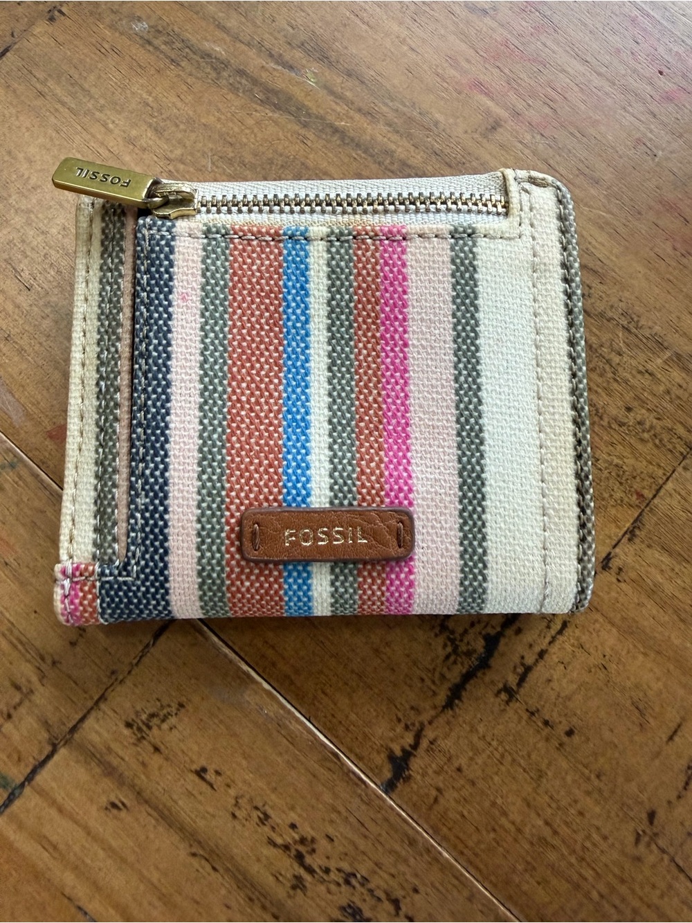 Fossil Women's Striped Canvas Card Holder in Cream, Blue, Pink, Coral